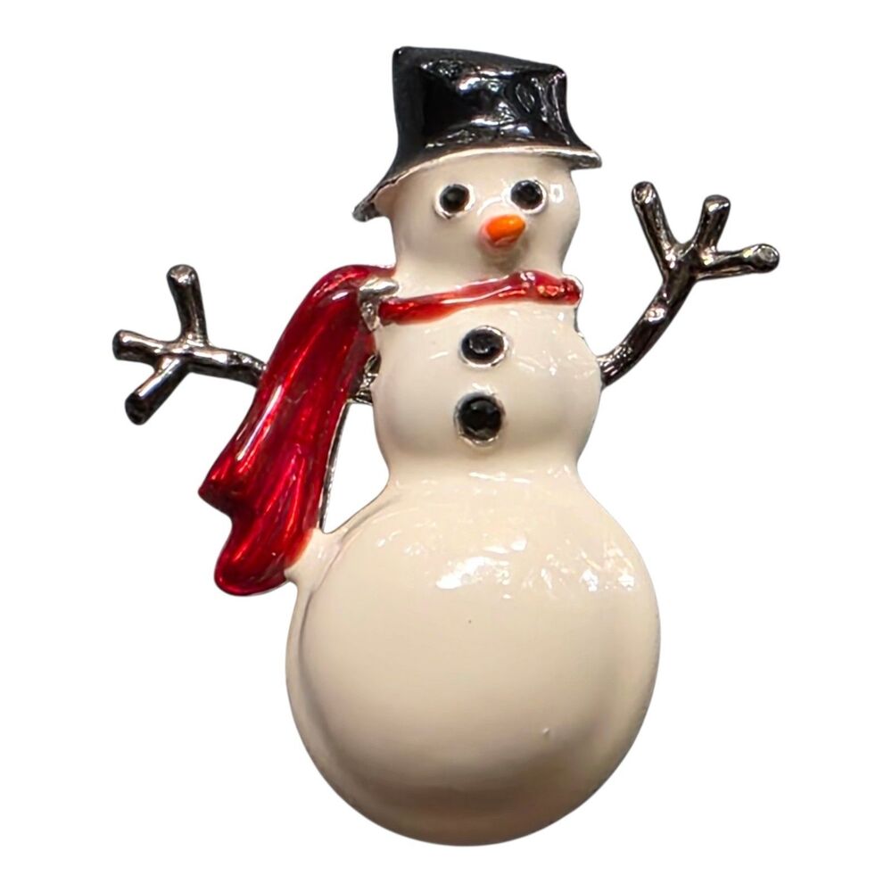 Anne Klein Silvertone White Enamel Snowman Pin Brooch,  Signed AK